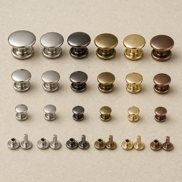 rivet fasteners, Rivet fasteners in multiple sizes and metallic finishes are arranged in rows with separate caps and posts displayed below.